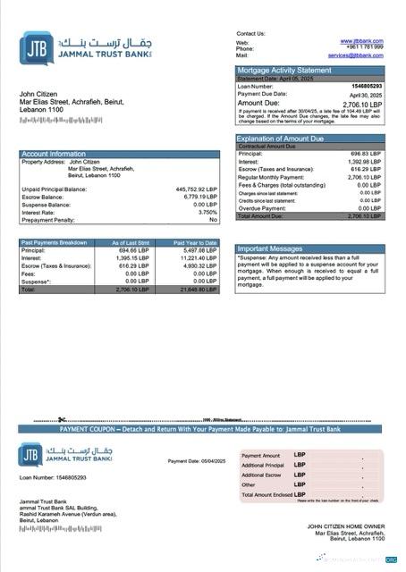 Download Lebanon Jammal Trust Bank mortgage statement Word and PDF template Photoshop template